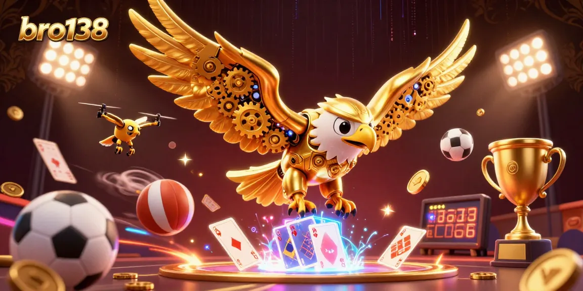 Engage with bro138's thrilling sports betting experience featuring an epic illustration of a golden eagle amidst dynamic sports elements.