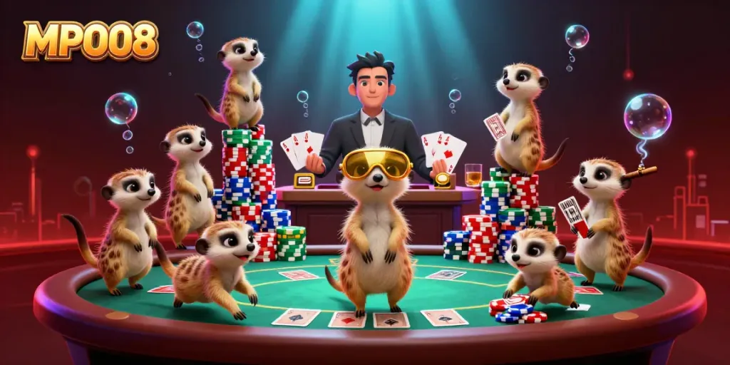 Engaging MPO08 scene with meerkats managing a vibrant casino showdown.