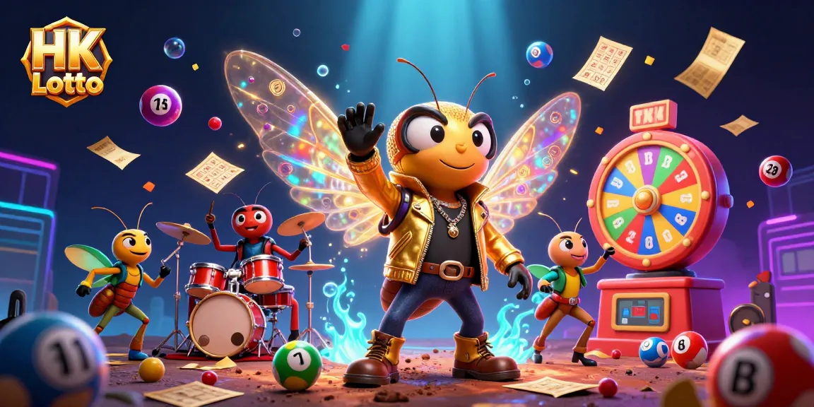 Engage with the exciting HK Lotto atmosphere featuring a rockstar cicada and vibrant lottery elements.
