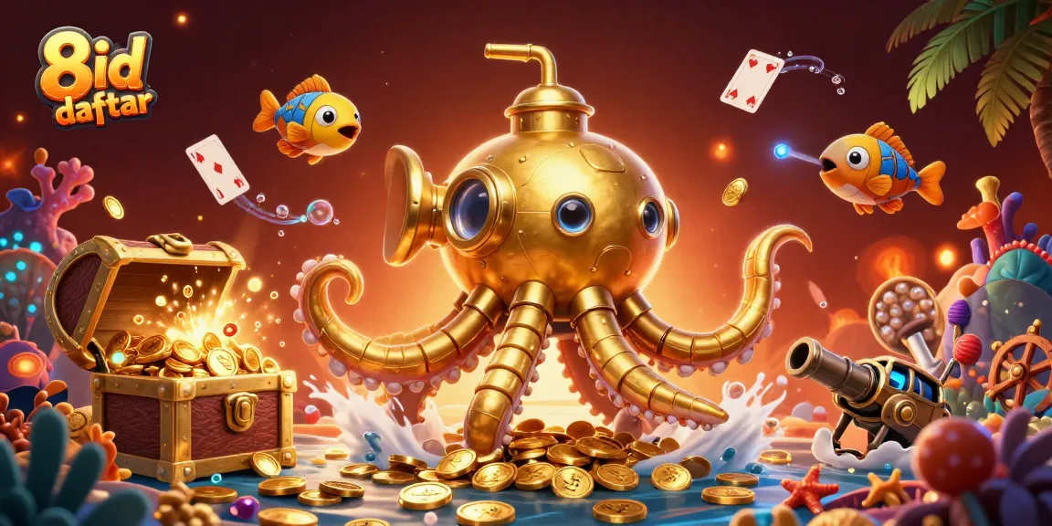 Join the excitement of 8id daftar as the golden kraken submarine surfaces amidst golden coins and game elements.