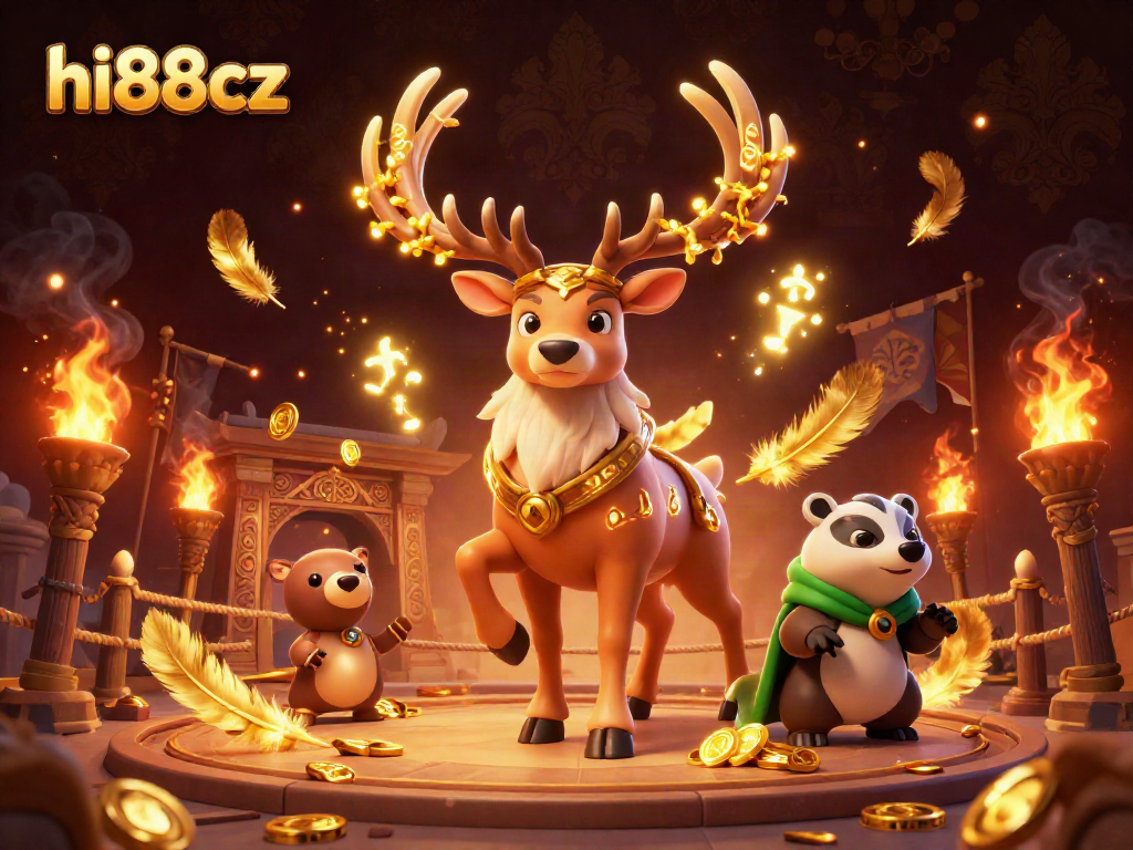Engage with thrilling games at hi88cz, featuring a vibrant 3D casino scene with rich elements and characters.