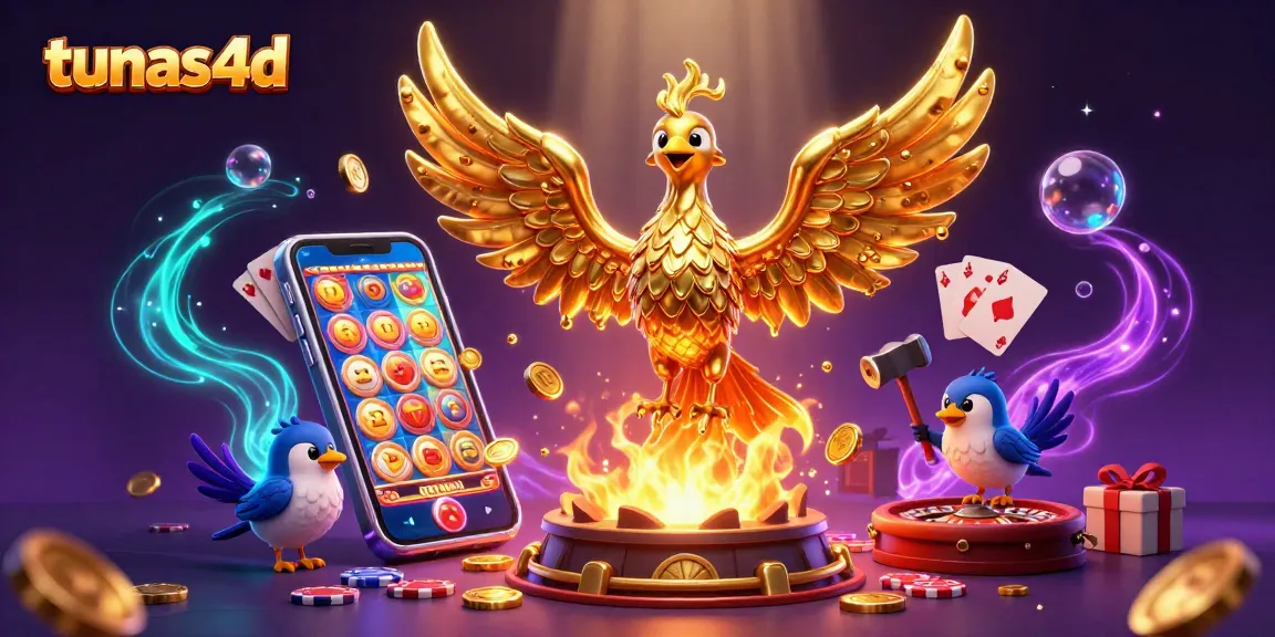 Tunas4d showcases a magical scene with a phoenix and slot game elements, capturing vibrant casino excitement.