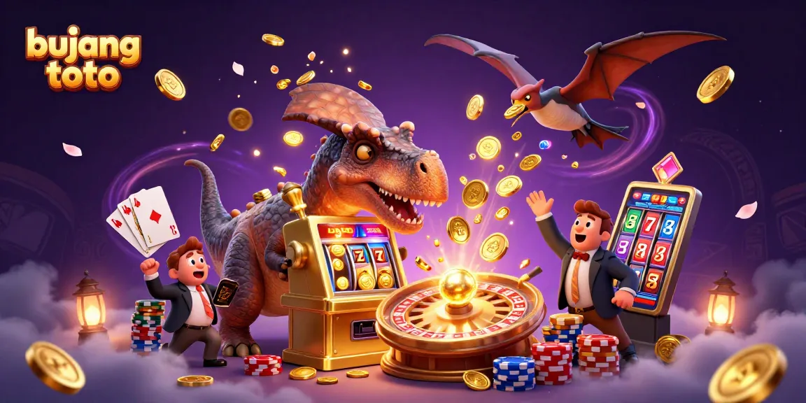 Permainan bujang toto yang seru dengan dinosaur dan mesin slot yang melepaskan koin emas
