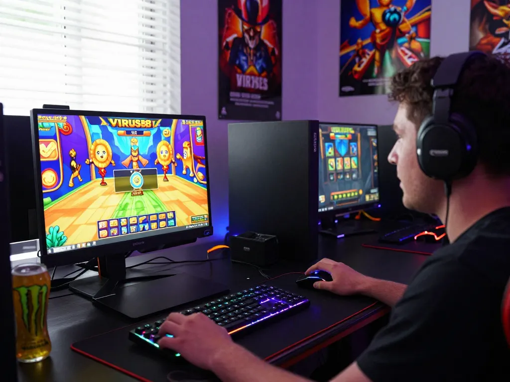 Pemain terlibat dalam permainan slot online VIRUS88, menampilkan setup permainan yang cerah dan imersif.