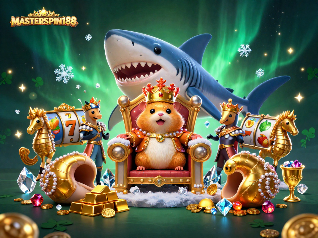 Play slots with MASTERSPIN188 and join the golden treasures in this vibrant casino scene.