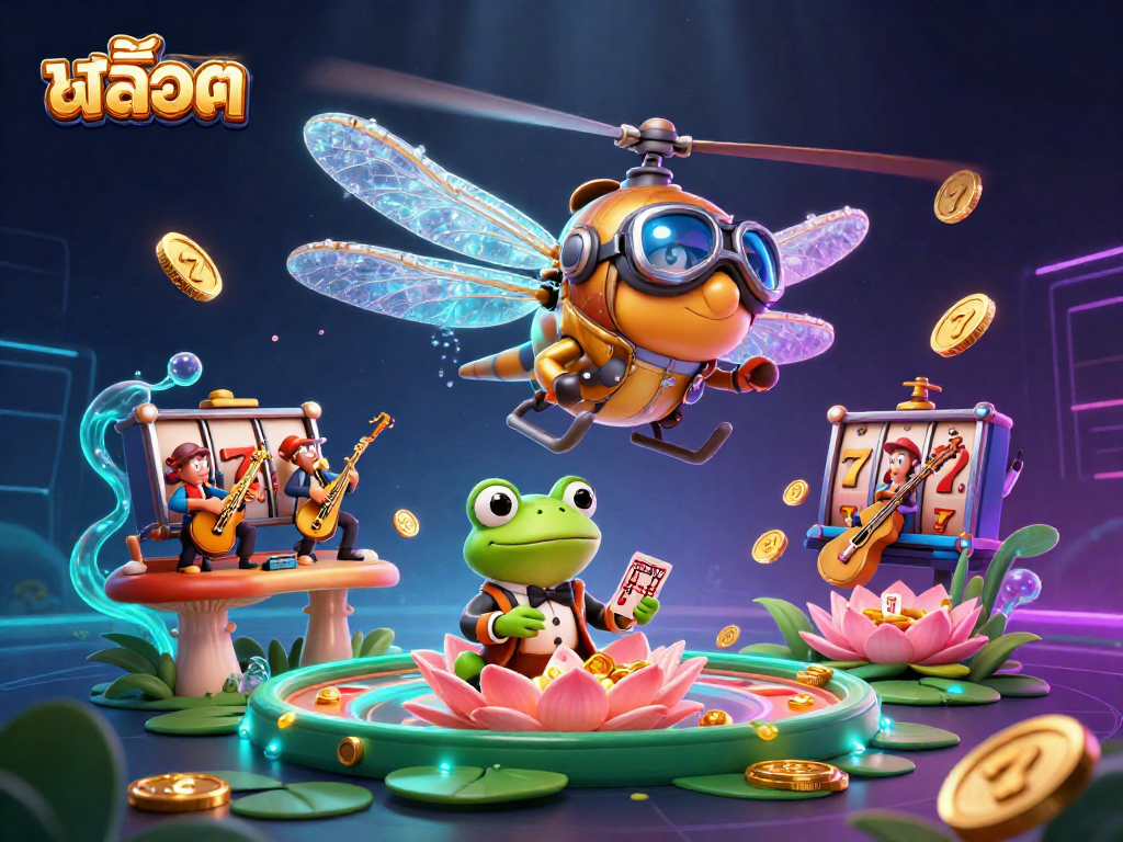 Engage with สล็อต gameplay as you enjoy an exciting dragonfly pilot in a vibrant casino scene.