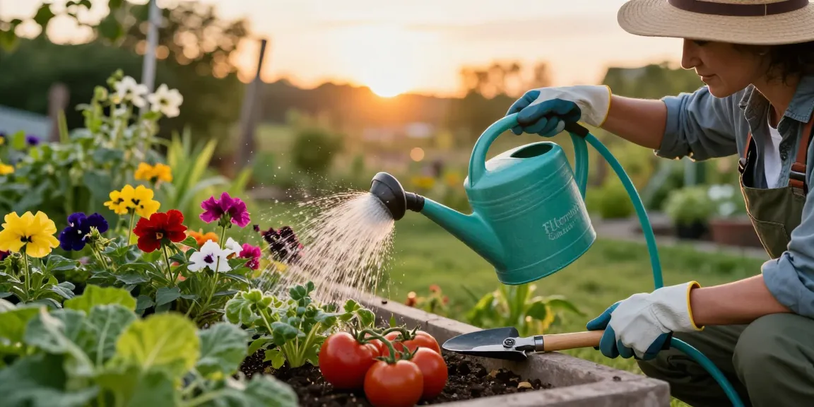 Gardener using Filterlogic Garden Hose Water Filter to nourish vibrant flowers and vegetables in a sunny garden.