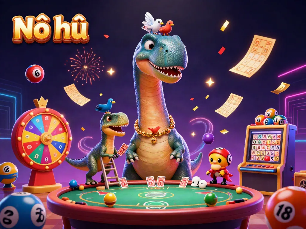 Experience Nổ hũ excitement with vibrant casino-filled scenes and colorful game elements.