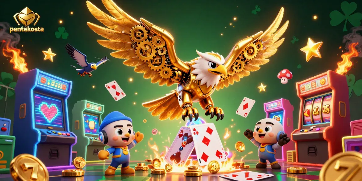 Pentakosta features a powerful golden eagle diving through a vibrant game scene with slot reels and holographic cards.