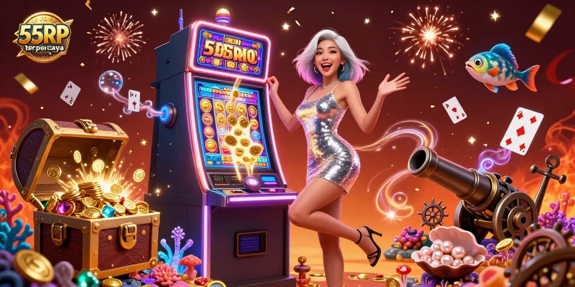 Experience exciting jackpots with 55RP terpercaya, featuring a glamorous woman celebrating a big win.