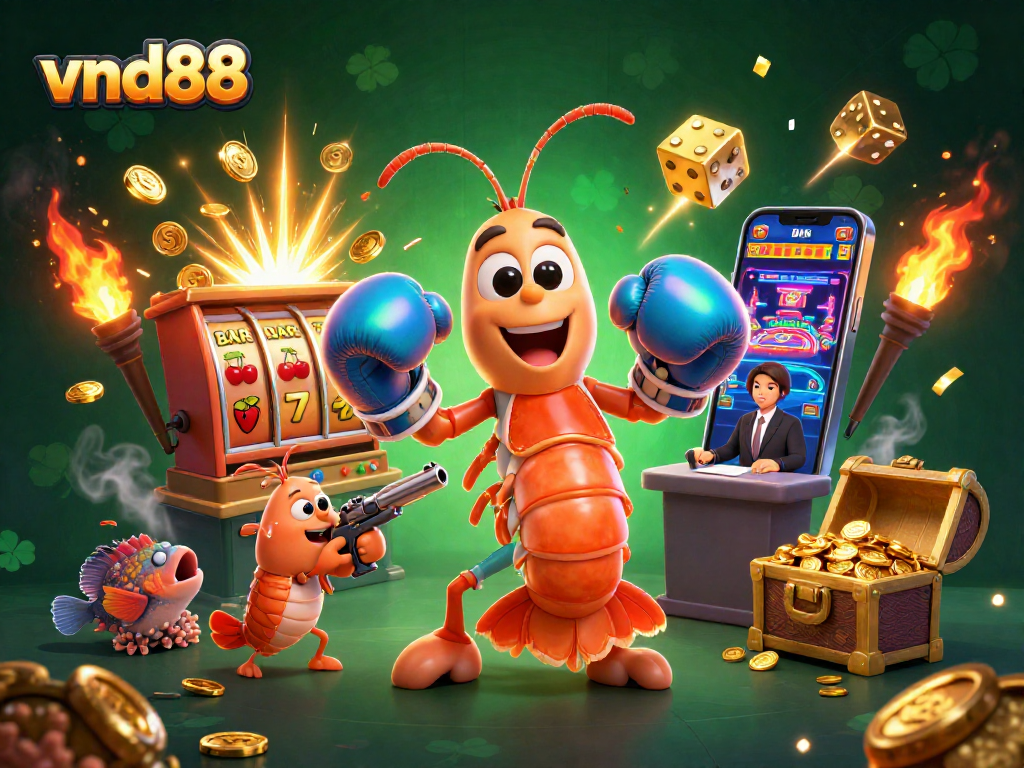 Experience thrilling wins with vnd88 in a packed casino scene featuring colorful slot machines and lively shrimp characters.