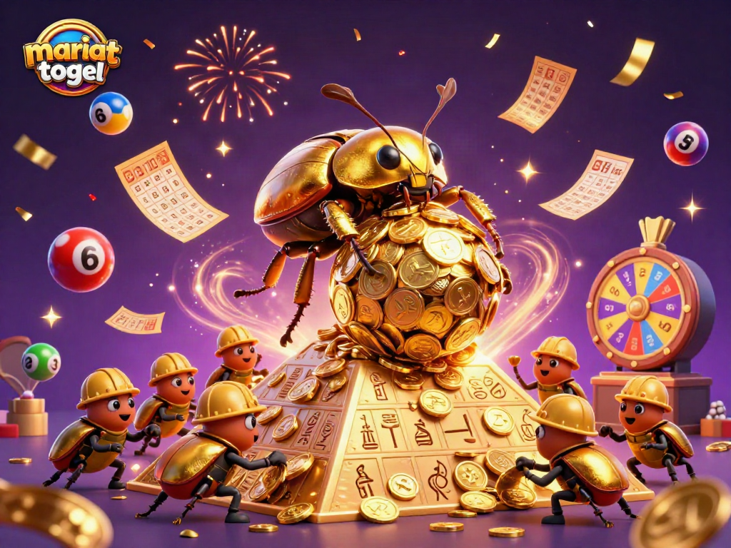 Experience the excitement of mariatogel with vibrant visuals of lottery balls, shimmering coins, and celebration effects.