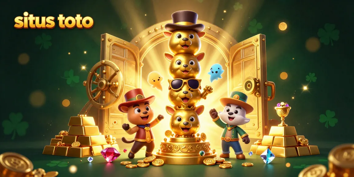 Ikuti permainan situs toto dengan ilustrasi simbol kasino yang kaya, menampilkan karakter kartun 3D.