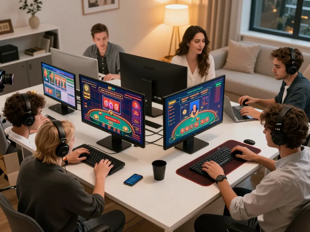 Juraganbola players engaging in online casino gaming with vibrant screens and cozy atmosphere