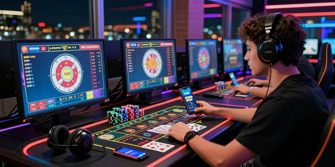 Permainan bos88 yang menarik dengan penggila game terlibat di meja permainan digital yang bergaya.