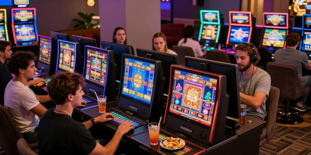 Suasana permainan kasino online di betslots88, dengan teman-teman bersenang-senang di sekitar meja slot.