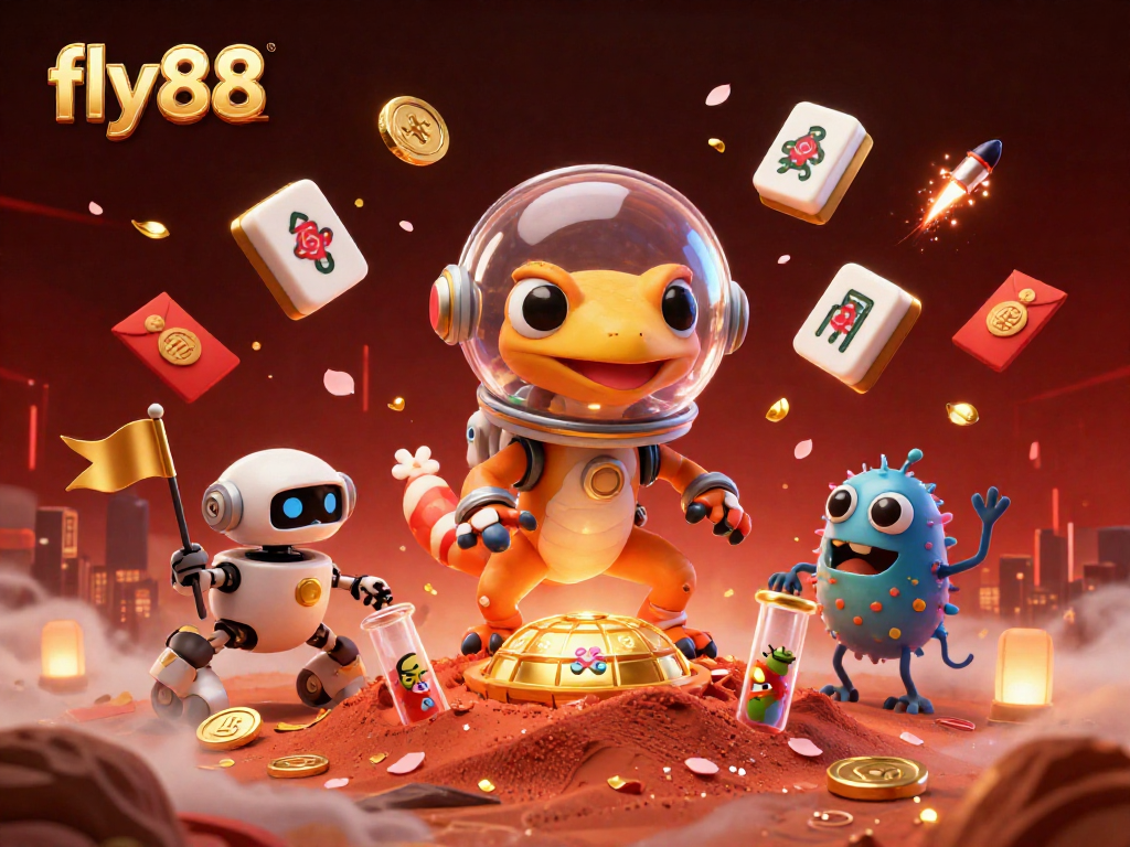 Experience the excitement of fly88's golden casino discovery with a Martian gecko in an engaging 3D scene.