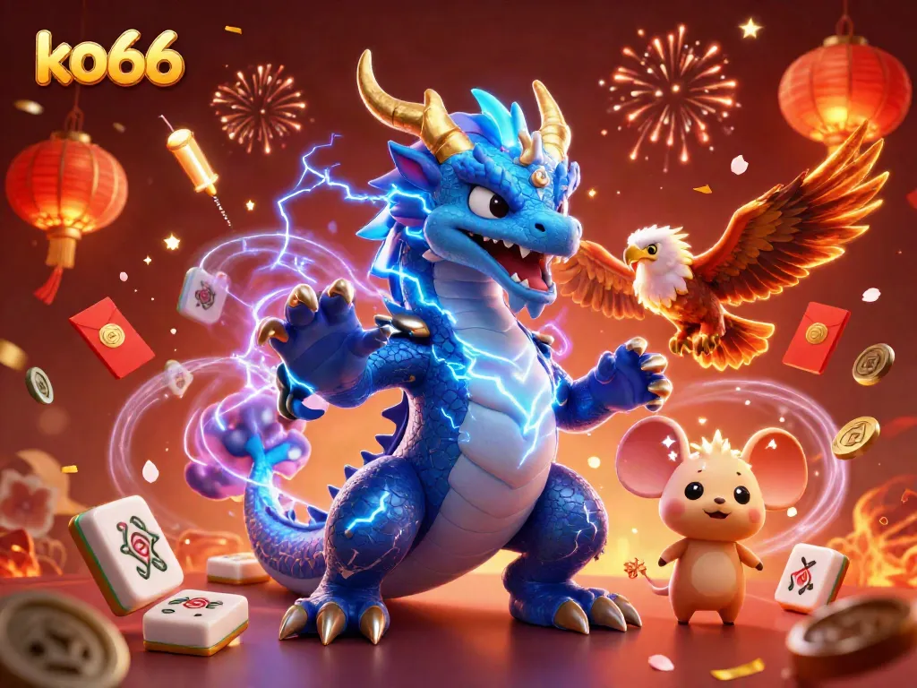 Experience the thrill of ko66 with a vibrant 3D casino scene featuring dynamic characters and festive game elements.