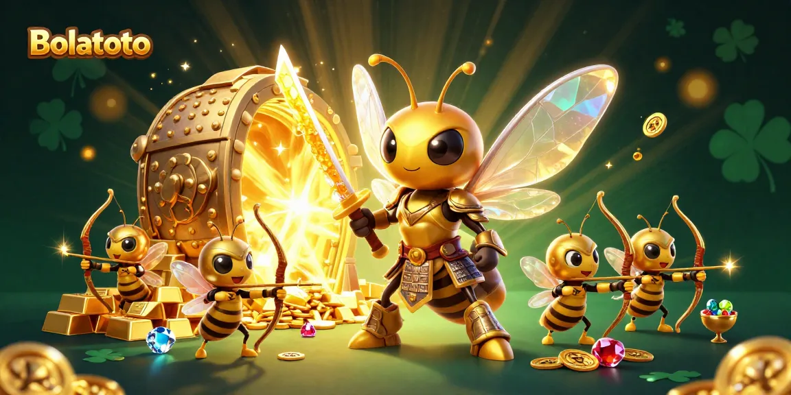 Join Bolatoto's epic casino adventure with a golden hornet and treasures cascading everywhere.