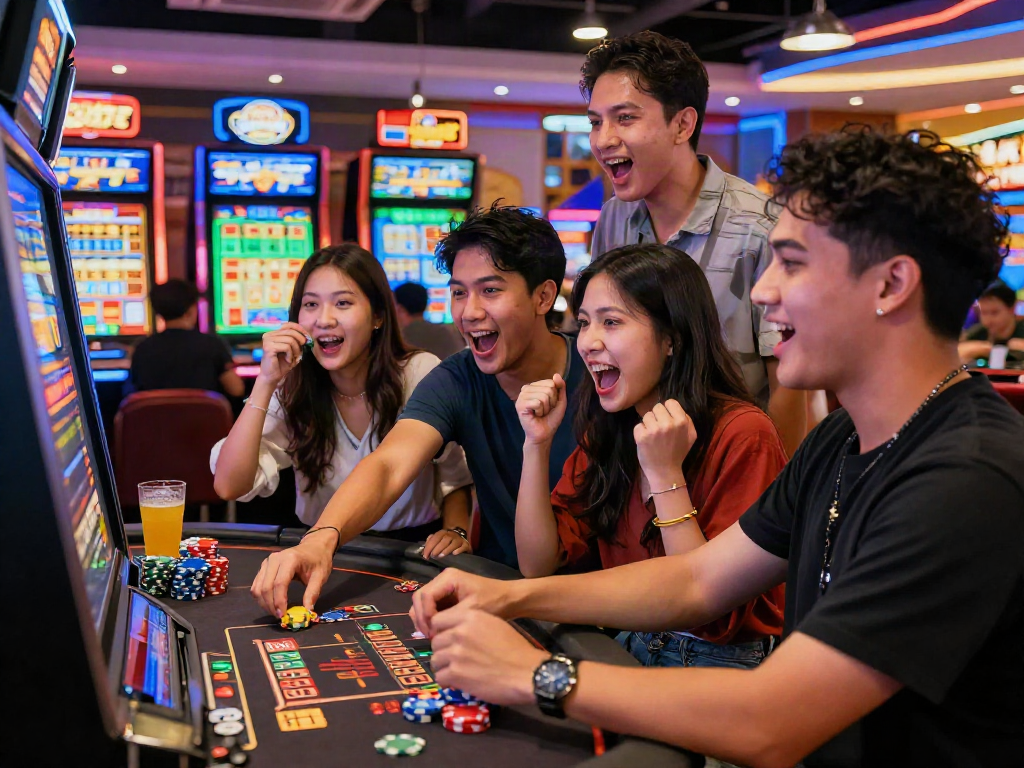 Engaged group enjoying Bandar Togel experience at a lively casino.