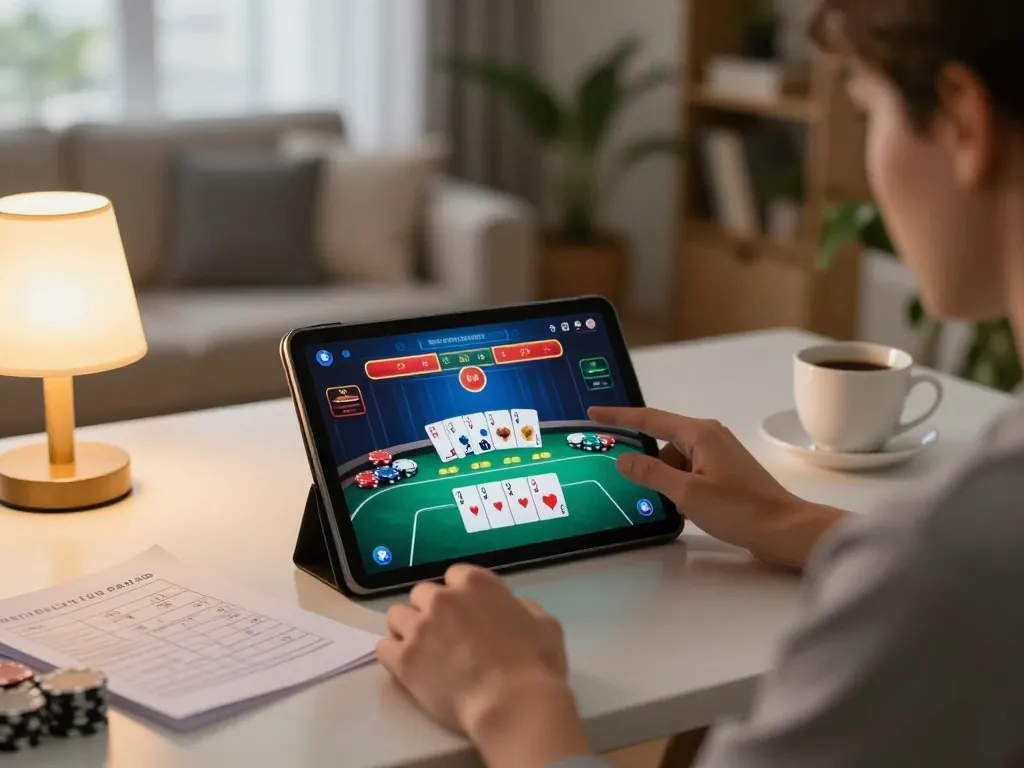 LGO99 Situs Game Online Terpercaya Di INDONESIA - Engaging in online poker gameplay while managing strategy notes at home.