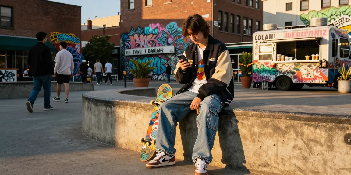 Fashionable urban scene featuring bro138 style with casual outfit and skateboard in vibrant city.