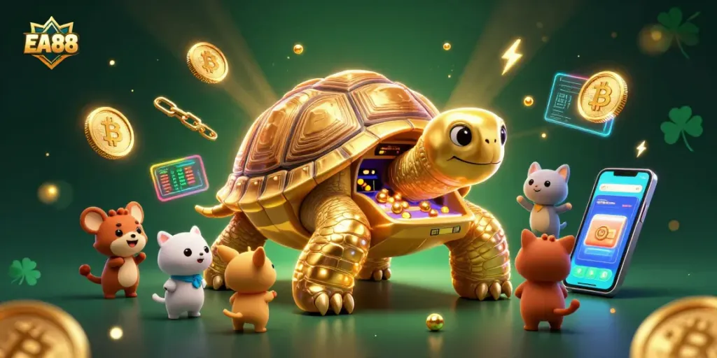 Experience EA88's exciting world of gaming with vibrant characters and crypto elements
