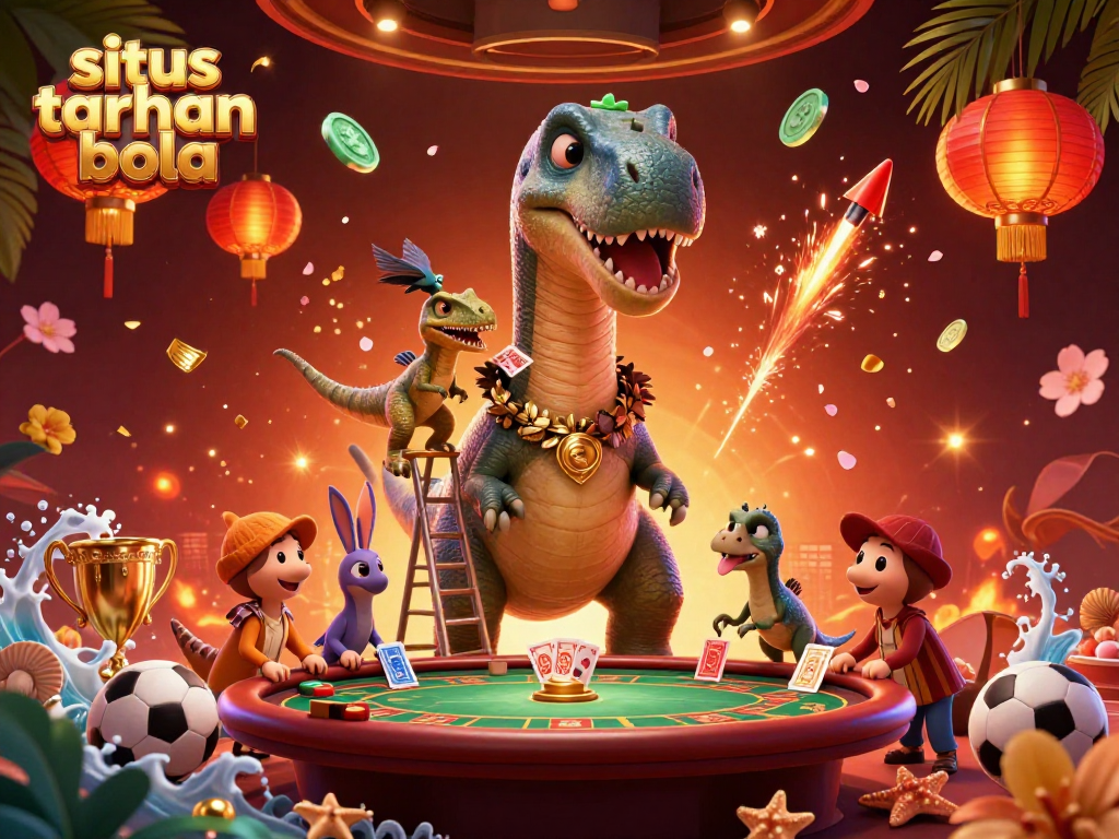 Experience situs taruhan bola with a brontosaurus and clever raptor surrounded by vibrant sports betting elements.