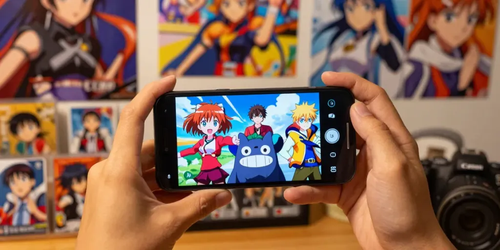 Kucing APK digunakan oleh penggemar anime yang dikelilingi oleh merchandise anime dalam suasana hangat dan nyaman.
