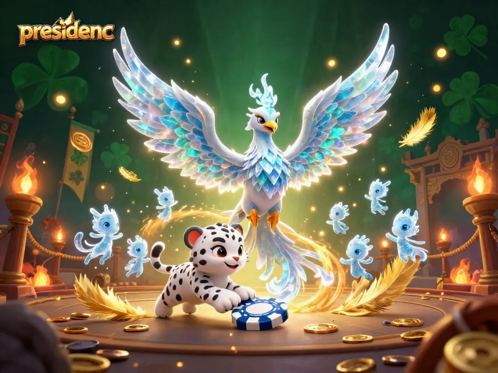 Engage with the thrilling presidencc gaming adventure featuring a striking ice phoenix amid a magical atmosphere.
