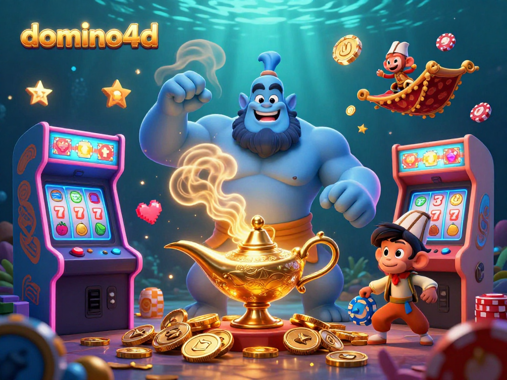 Permainan seru dan peluang menang di domino4d dengan karakter genies yang menyambut pemain.