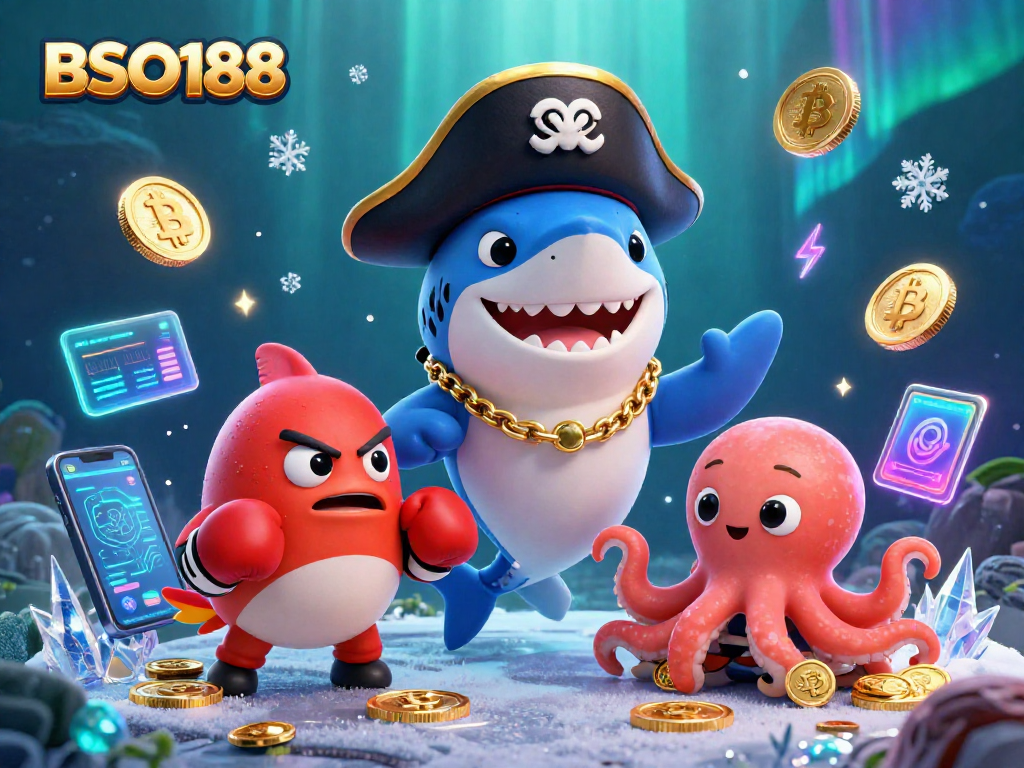 Engage with the thrilling BSO188 gaming experience featuring vibrant 3D pirate-themed characters and crypto elements.