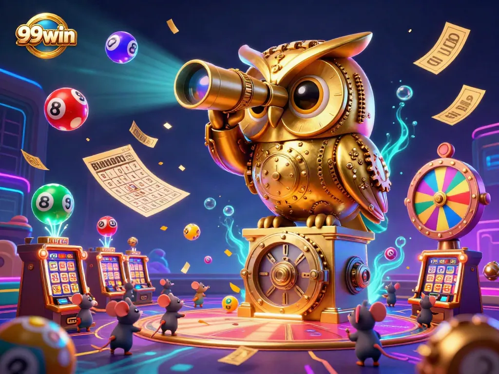 Experience thrilling moments at 99win casino with a vibrant 3D scene featuring a golden owl and dynamic gaming elements.