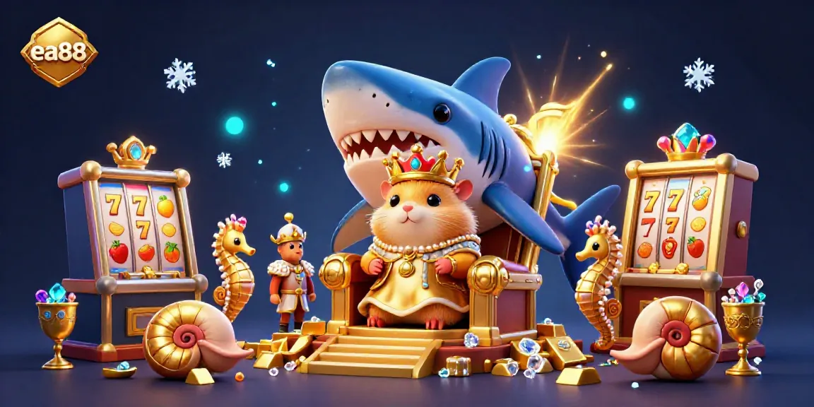 Experience thrilling gameplay at ea88 with a golden hamster king and vibrant slot machines surrounded by treasure.