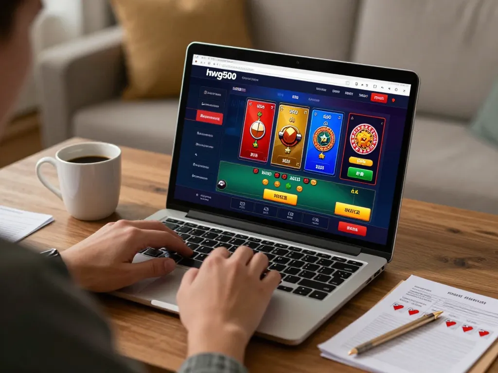 Player engaging with hwg500 online casino on laptop, focused on strategic gameplay.