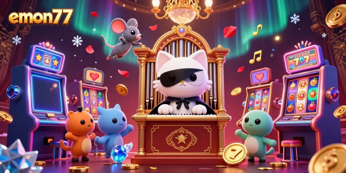 Experience thrilling gameplay with emon77 in a dynamic and vibrant casino scene featuring entertaining characters.