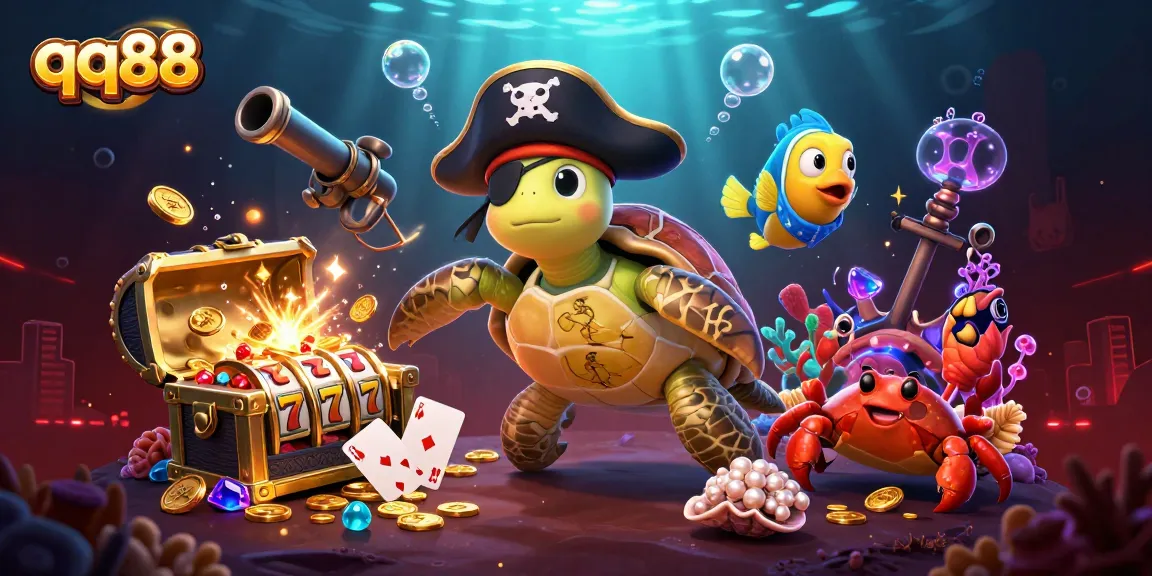 Engage with qq88's immersive casino world featuring vibrant characters, slot reels, and underwater treasures.