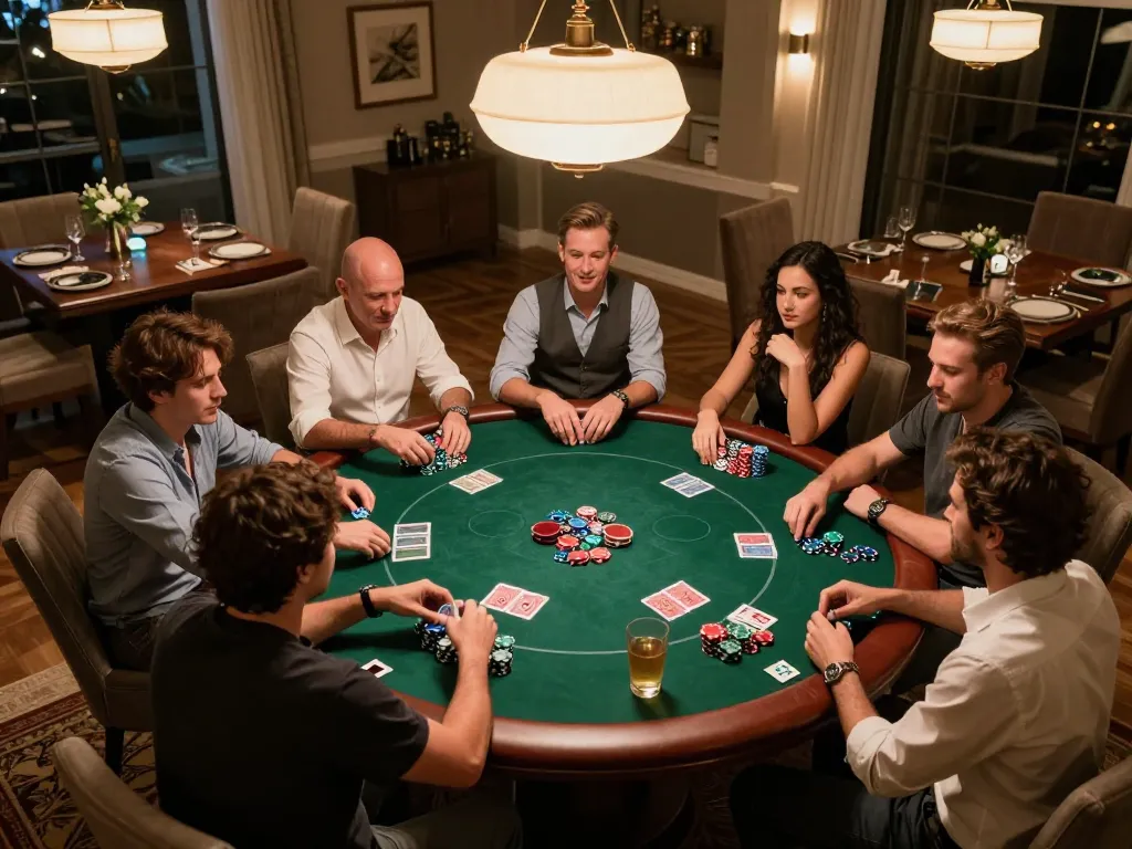 Bạn bè tận hưởng một trò chơi poker xã hội, giới thiệu Link 12bet cho một đêm chơi game sôi động tại nhà