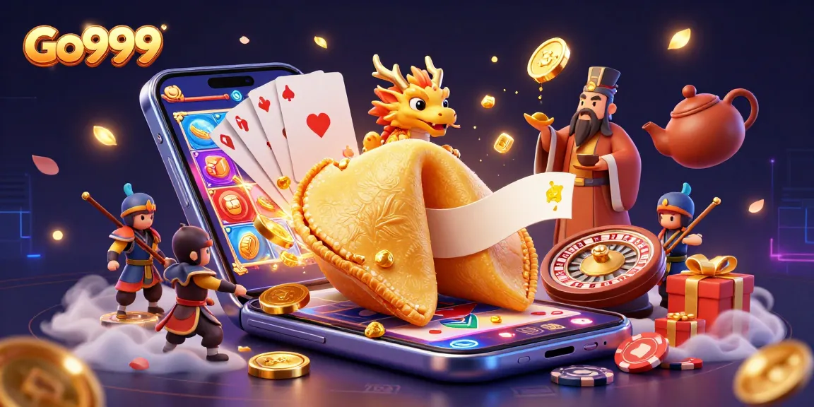 Experience thrilling gameplay with Go999 as a wise dragon reads fortunes in a golden cookie filled with riches.