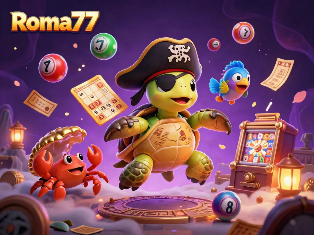 Join the adventure with Roma77 as the pirate turtle and friends celebrate lottery excitement amidst treasures.