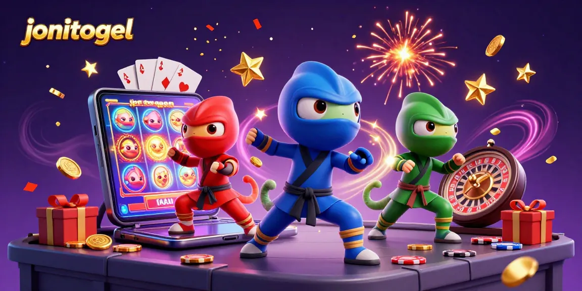 Engage with the exciting world of jonitogel through a vibrant 3D illustration of chameleon ninjas amidst slot games and casino elements.