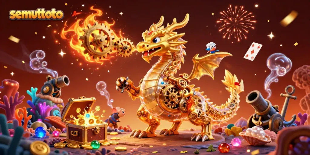 Semuttoto menghadirkan ilustrasi kasino dengan naga emas dan harta karun berkilau.