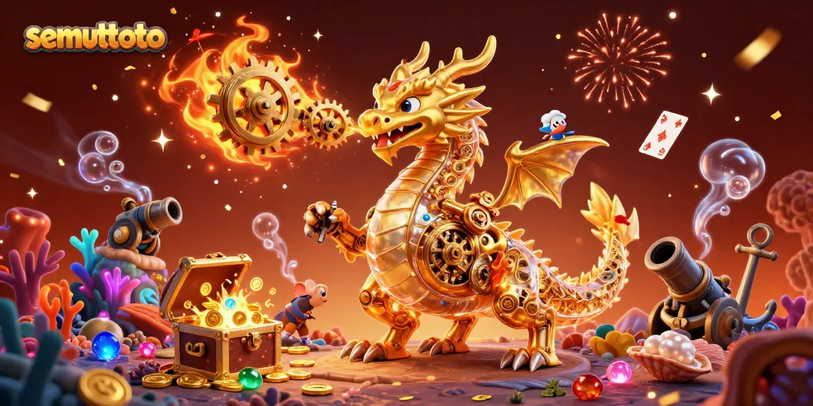 Semuttoto menghadirkan ilustrasi kasino dengan naga emas dan harta karun berkilau.