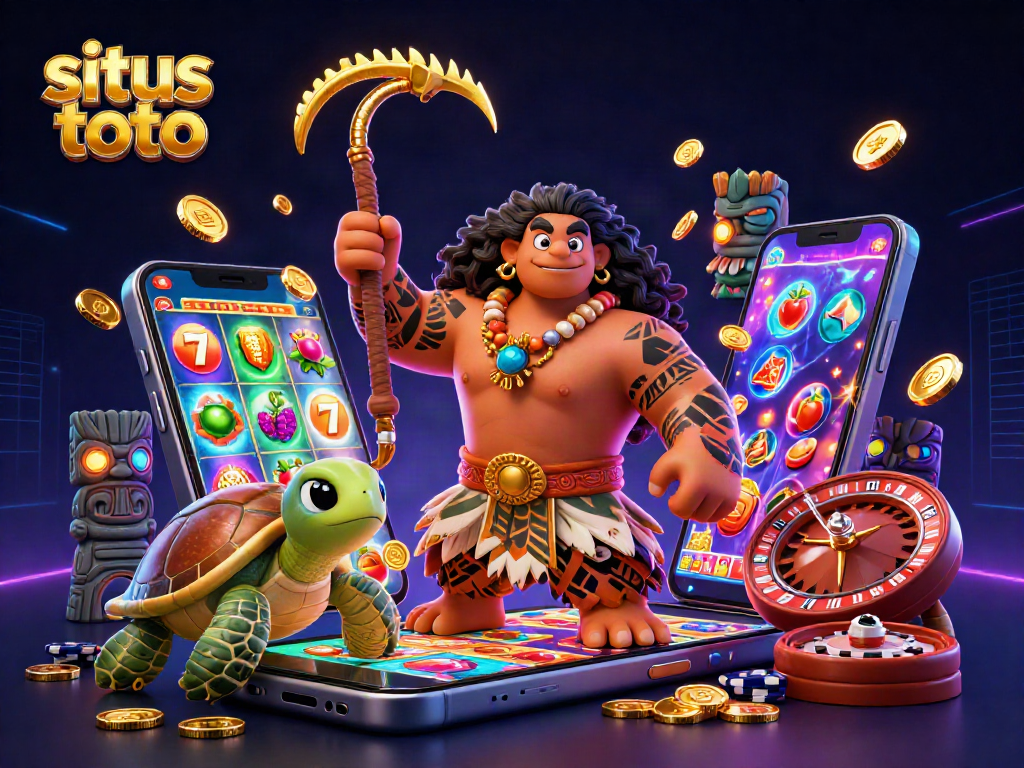 Gambarkan suasana situs toto dengan demigod dan slot game yang memikat di latar belakang.