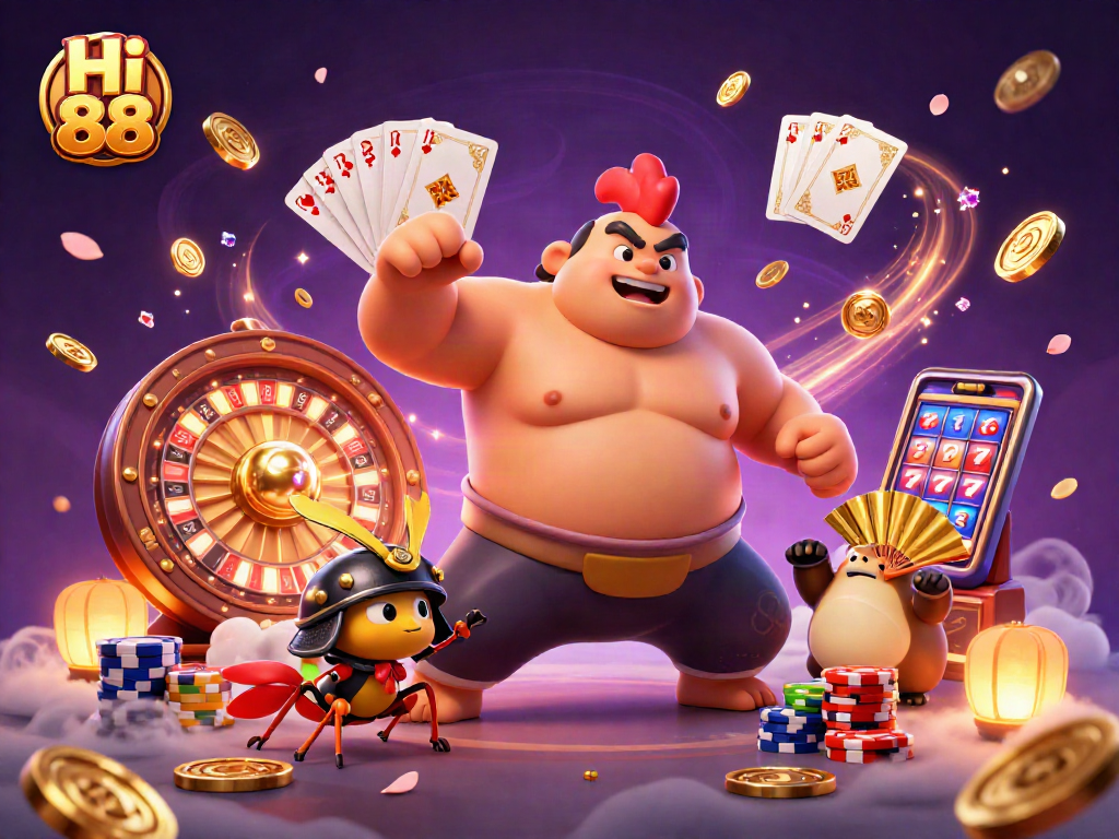 Experience the excitement of Hi 88 as a powerful sumo wrestler rooster and samurai cricket celebrate with casino elements.