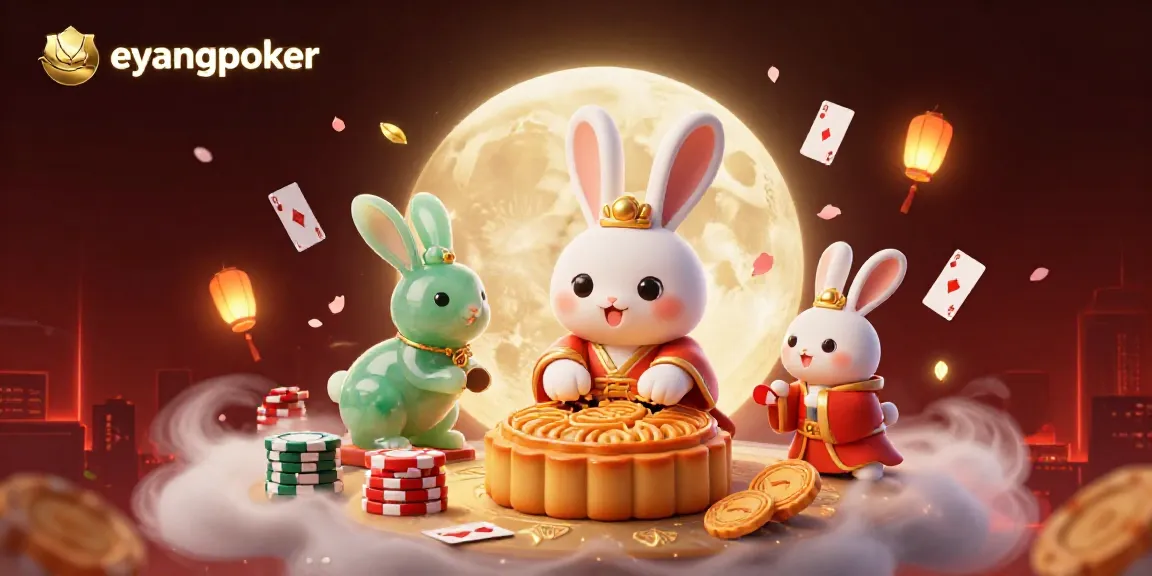 Visualisasi Eyangpoker dengan karakter kelinci bulan yang mengocok chip poker di permukaan lunar.