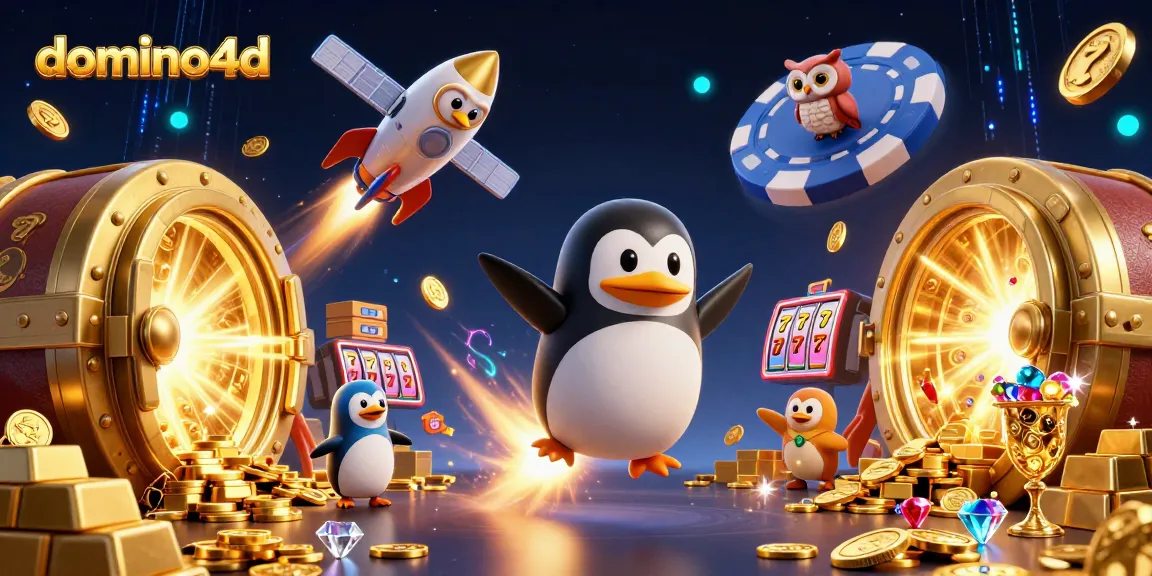 Menghadirkan domino4d, penguin emas bertenaga roket meluncur menuju kasino luar angkasa penuh harta.
