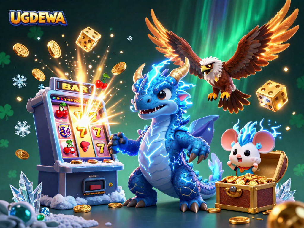 Engage with UGDEWA's thrilling gameplay through a vivid 3D casino illustration depicting dynamic casino elements.