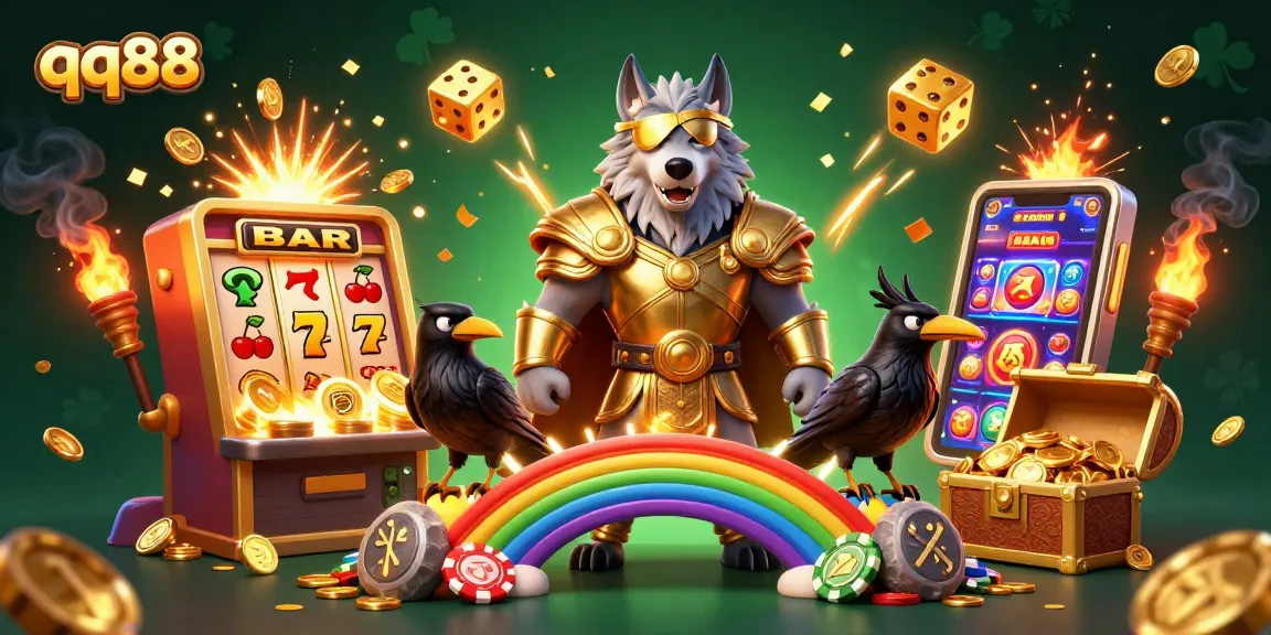 Engage with qq88 in this vibrant casino scene showcasing legendary characters and thrilling game elements.