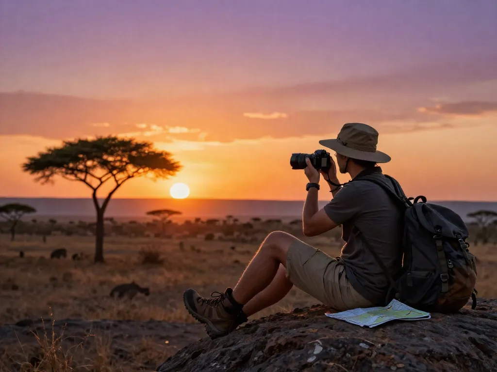 Pengunjung di https://pakhoki.net/ menikmati pemandangan matahari terbenam indah di savanna Afrika.